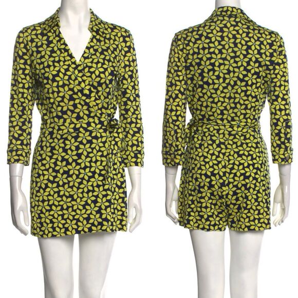Diane Von Furstenberg Blue Yellow Floral Romper Women's Size 4 US Cotton Silk - Picture 1 of 12